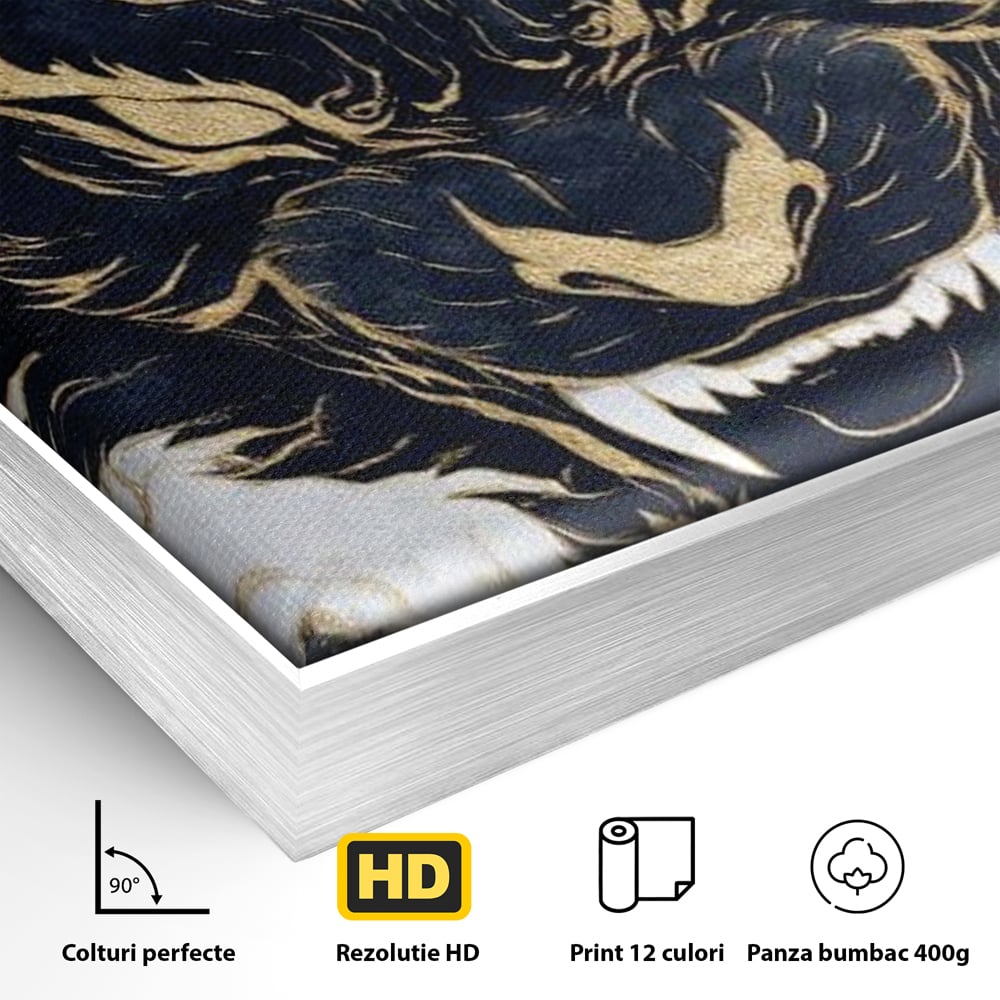 Detaliu al suprafetei: tablou canvas cu cap de tigru furios, in rama de aluminiu argintiu